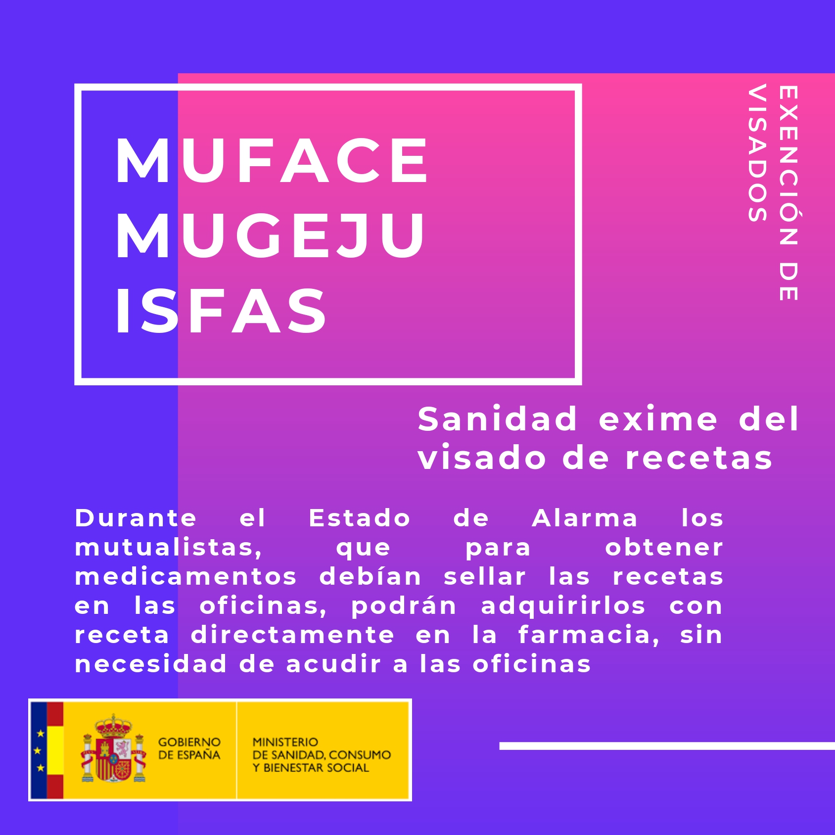 Sanidad exime del visado de recetas a los mutualistas de MUFACE, ISFAS